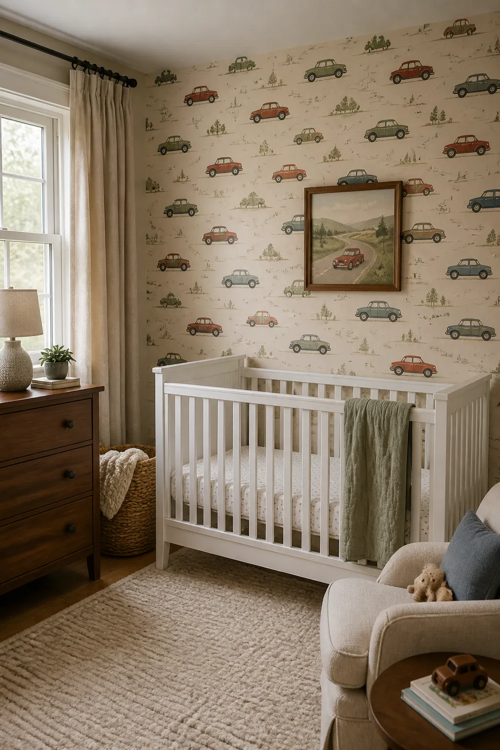 Vintage car wallpaper nursery accent wall with a calm crib and warm wood furniture