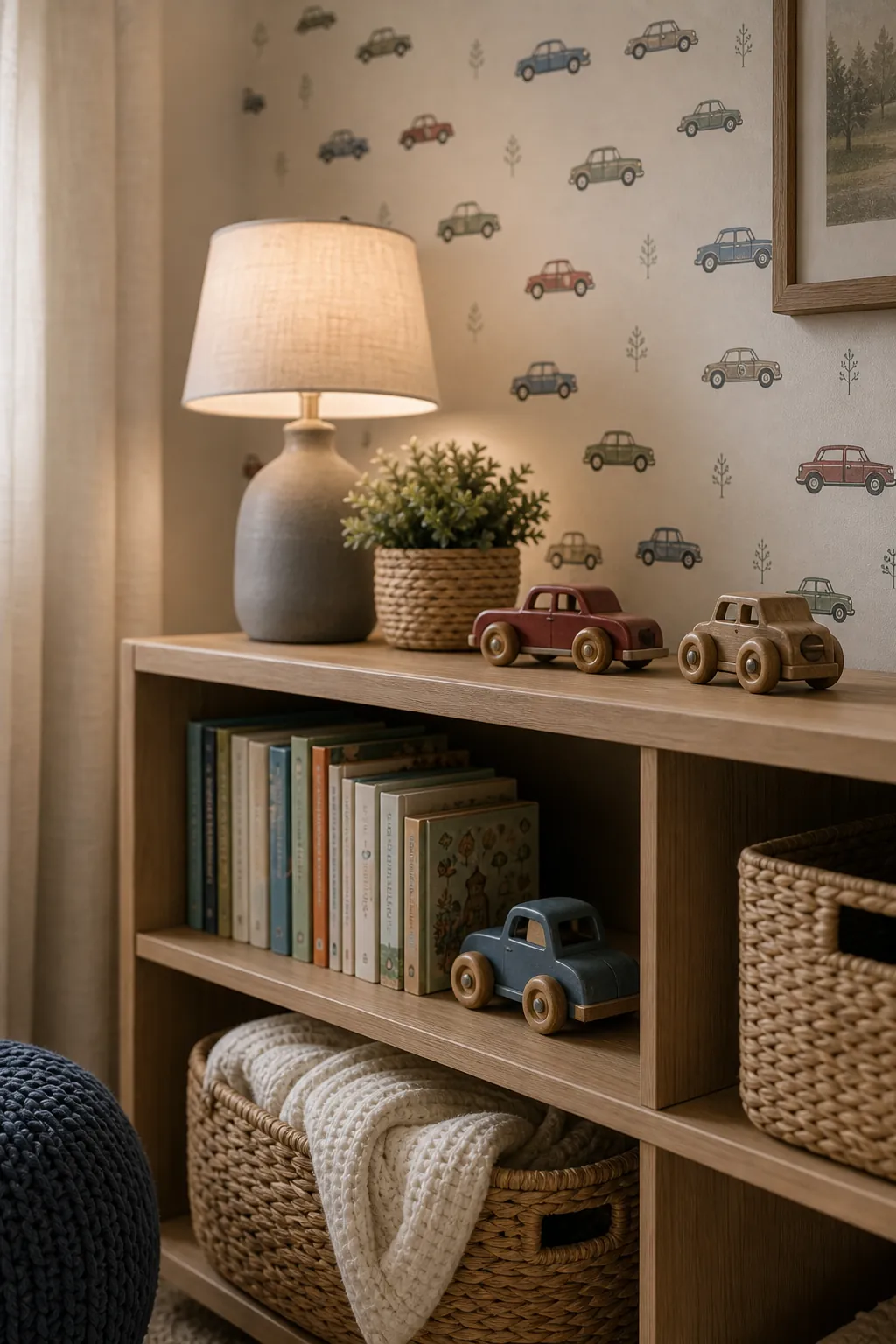 Car wallpaper nursery decor details with books, toy cars, woven baskets, and soft textiles
