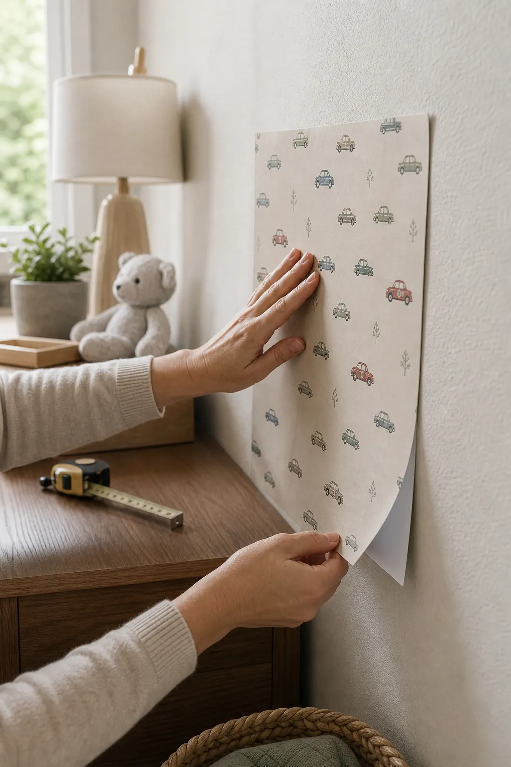 Peel and stick car wallpaper sample being tested on a nursery wall before installation