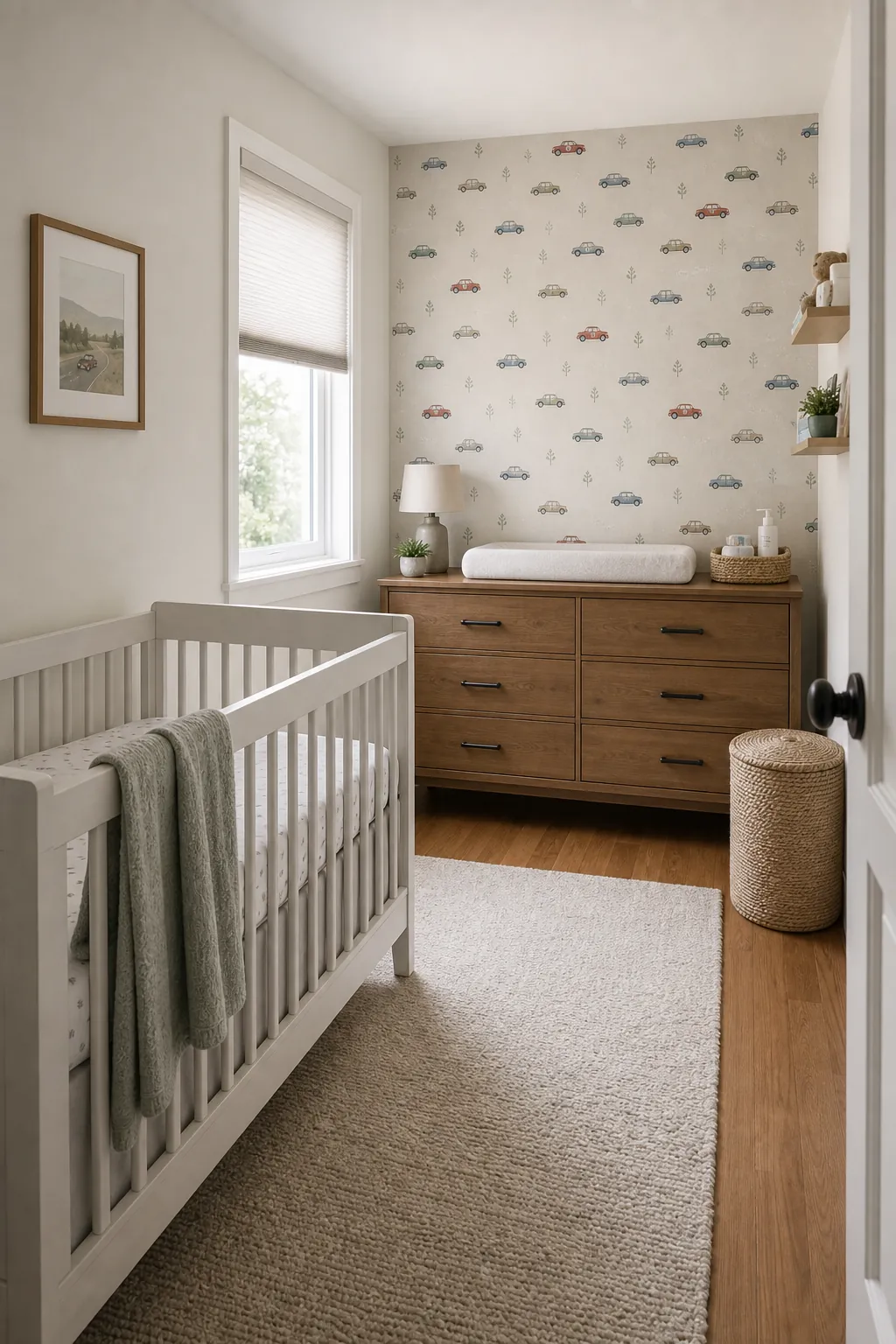 Small car wallpaper nursery layout with wallpaper behind a dresser and clear crib space