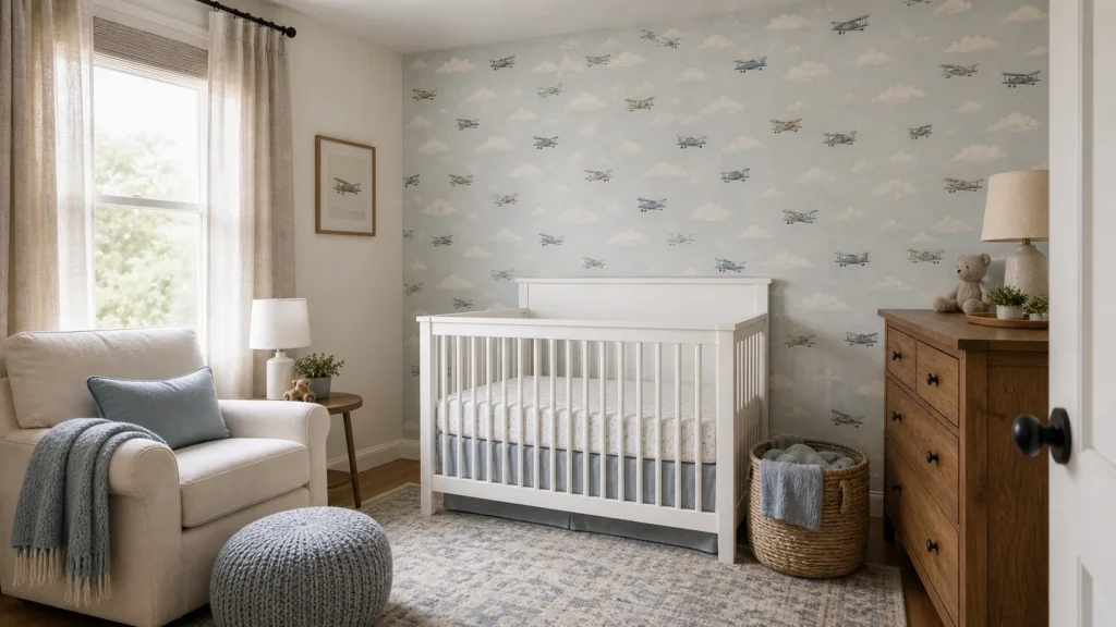 Airplane nursery wallpaper with a soft sky accent wall, white crib, and warm wood furniture
