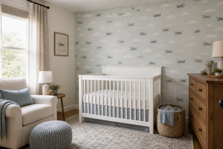 Airplane nursery wallpaper with a soft sky accent wall, white crib, and warm wood furniture