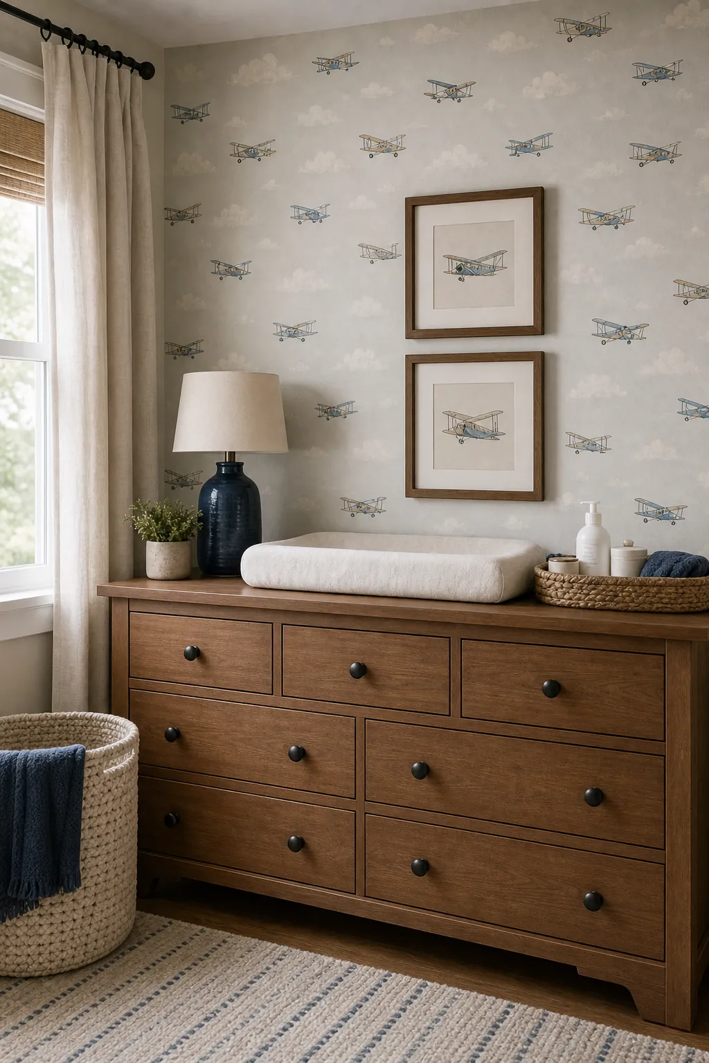 Airplane wall decor over a nursery dresser with restrained blue, cream, and wood tones