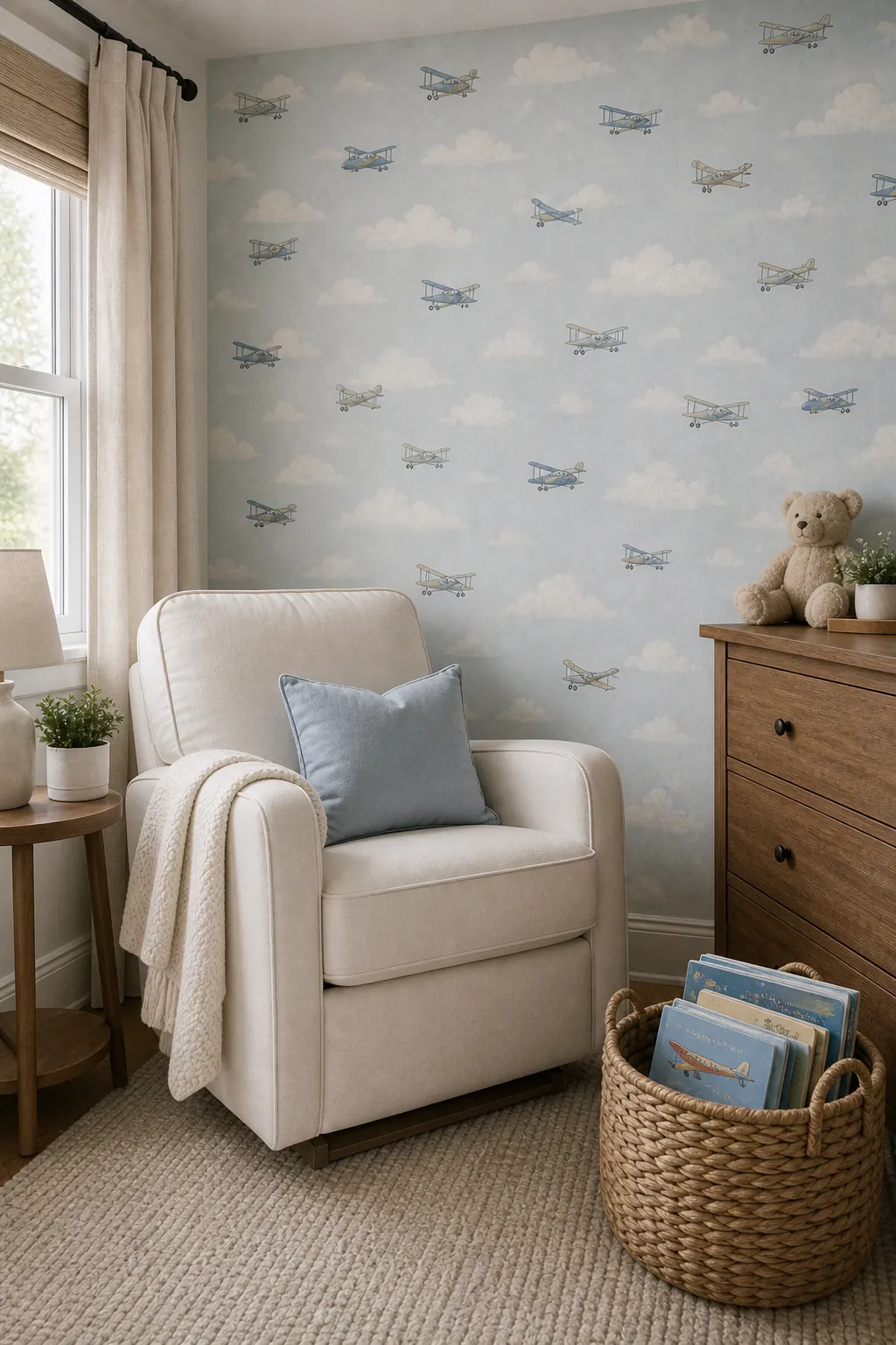Cloud airplane nursery wallpaper reading corner with a glider, books, and soft blue accents