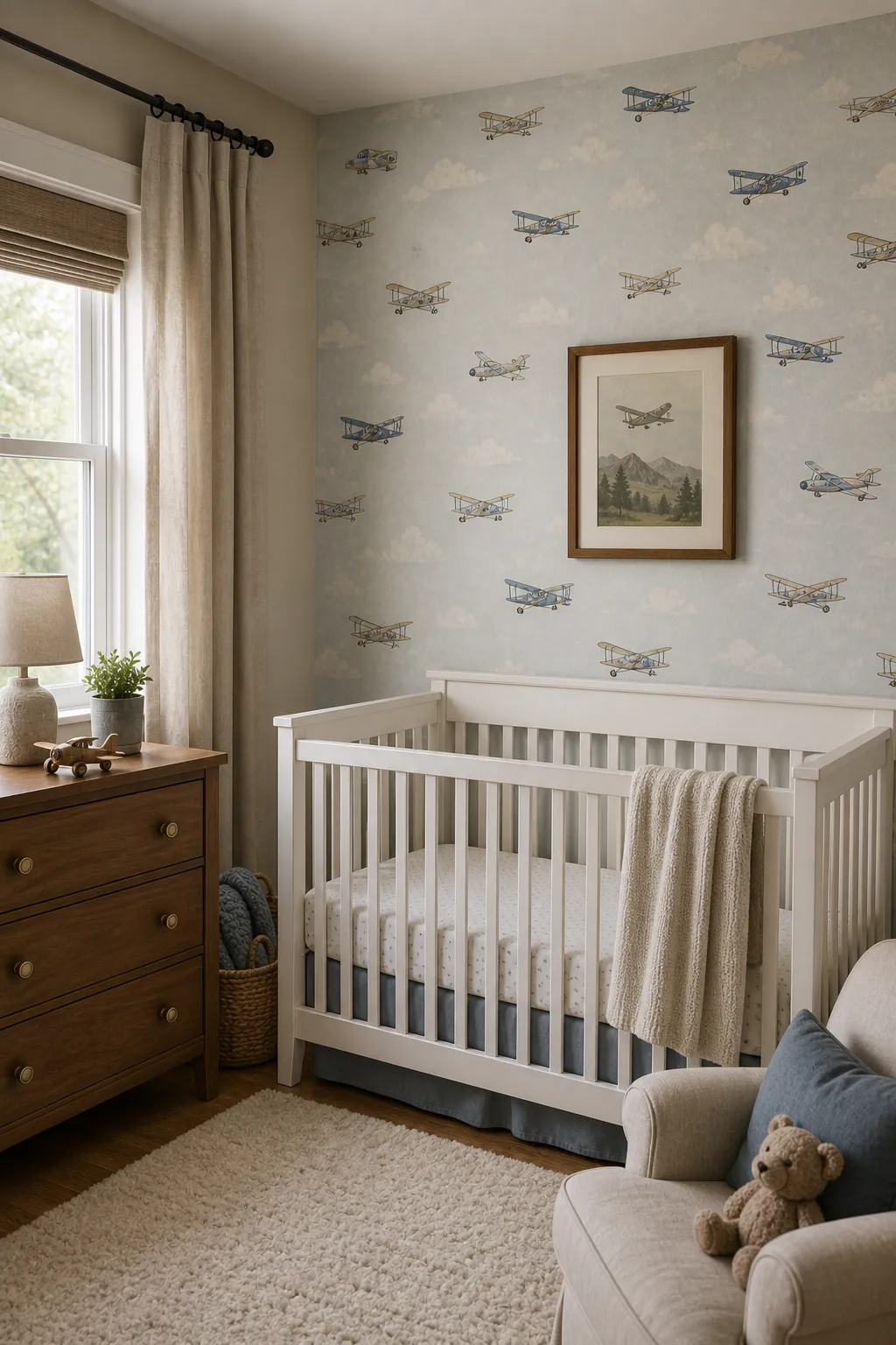 Vintage airplane nursery wallpaper accent wall with a white crib and warm wood furniture