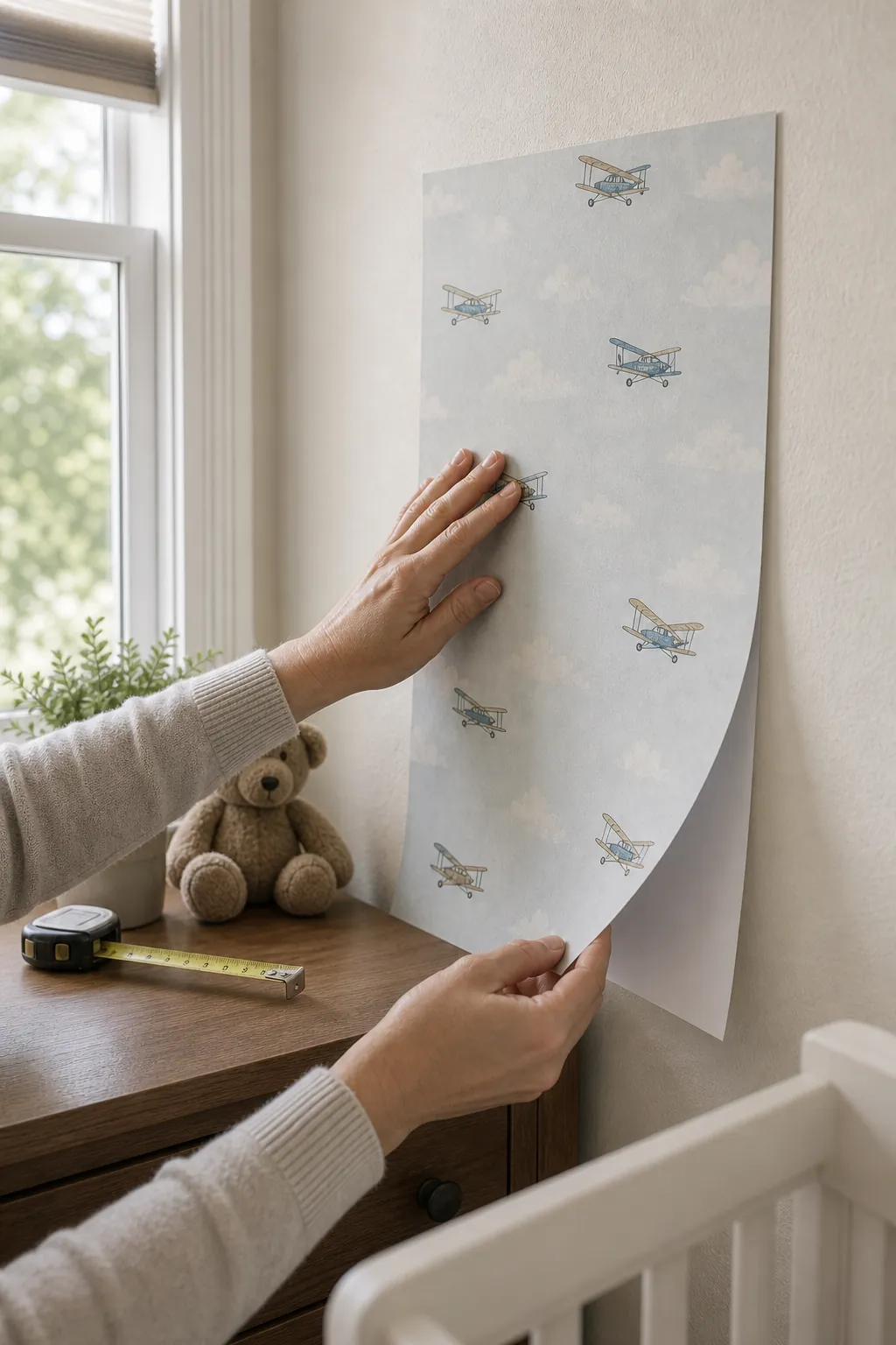 Airplane nursery wallpaper sample being tested and aligned on a lightly textured wall