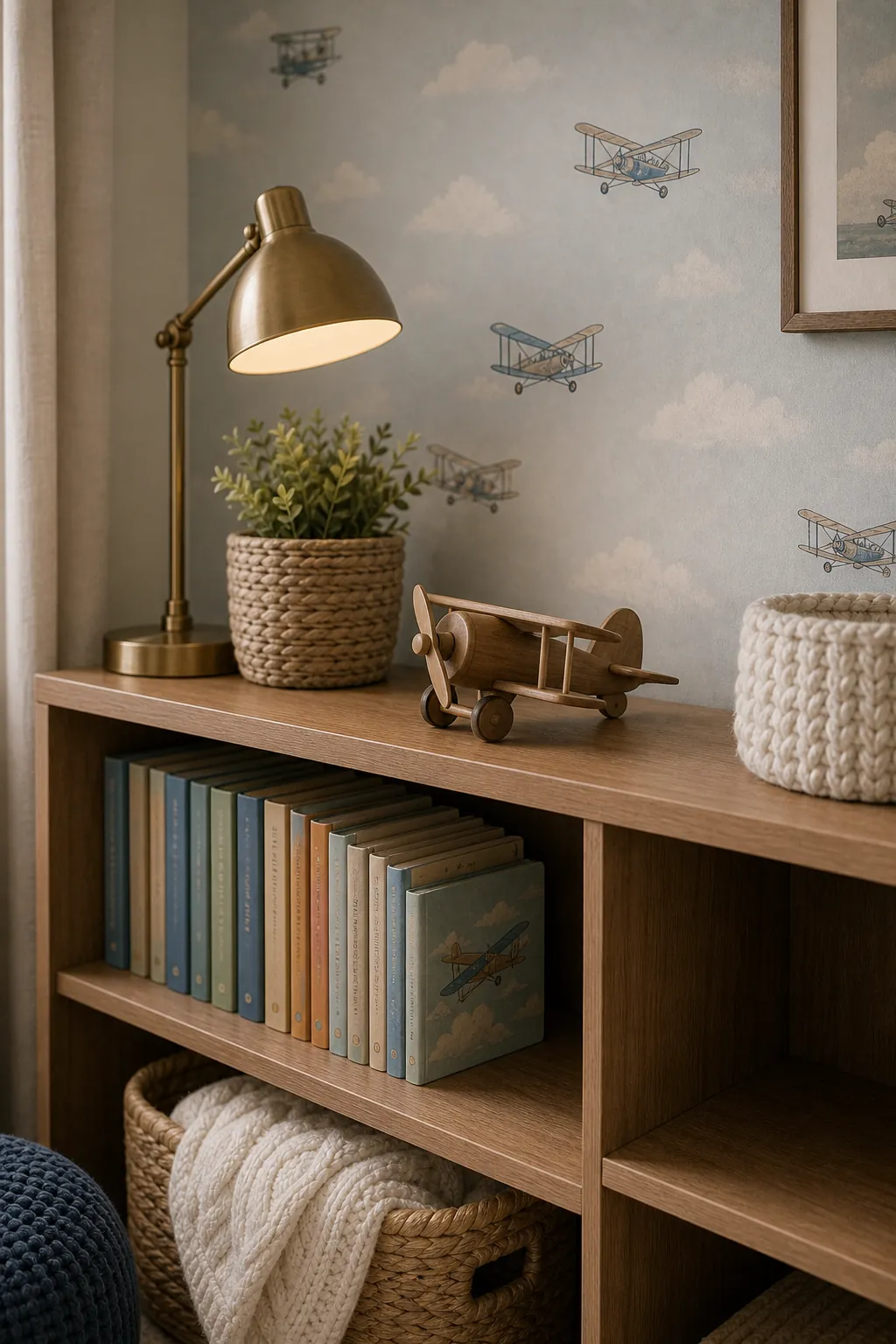 Aviation nursery shelf details with airplane books, wood toys, and cloud wallpaper in the background