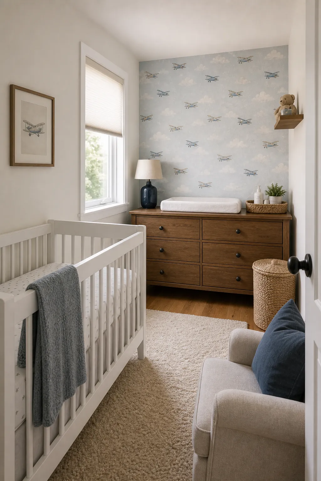 Small airplane nursery layout with a plain crib wall and wallpapered dresser zone