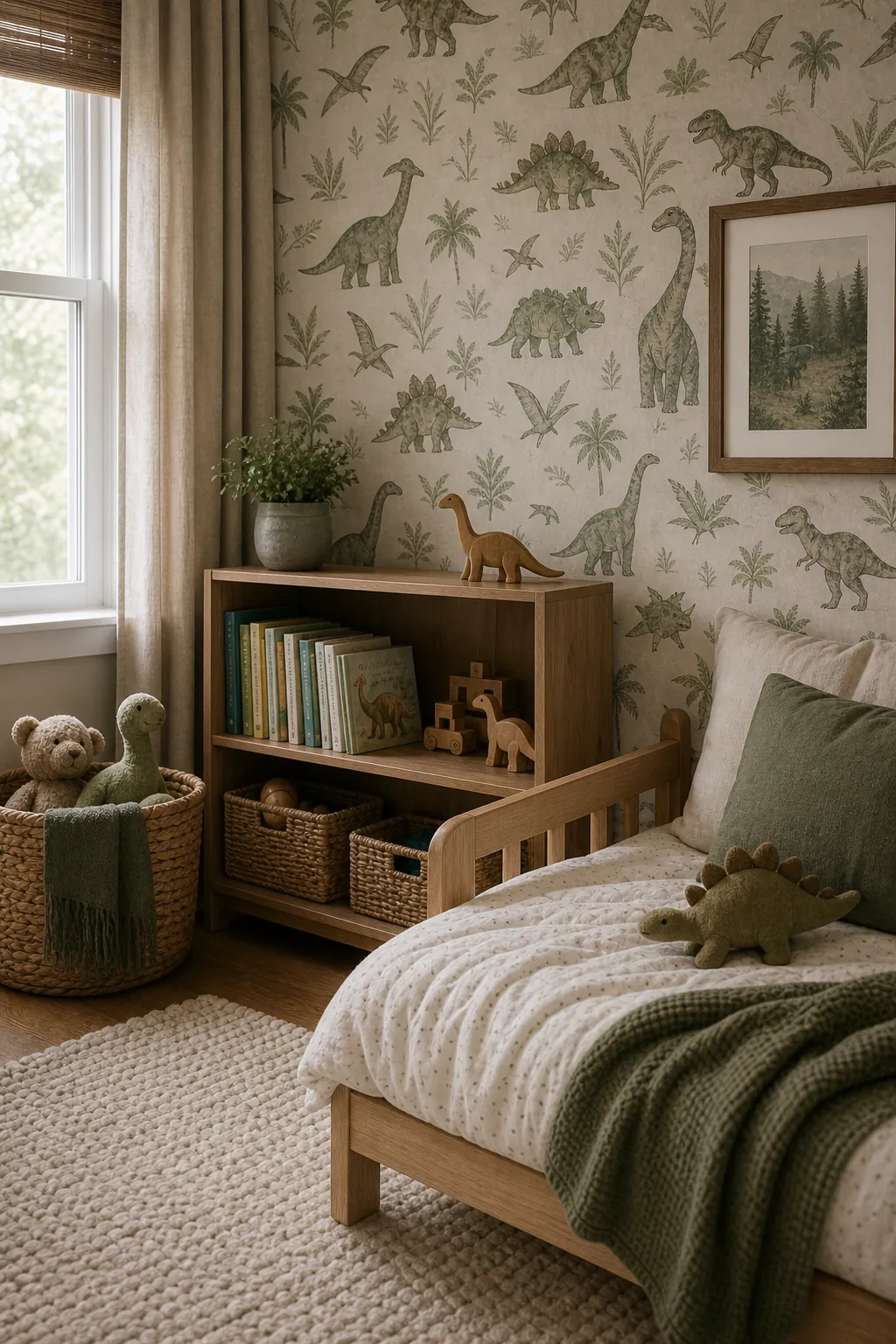 Dino toddler room transition with dinosaur wallpaper, simple furniture, books, and earthy colors