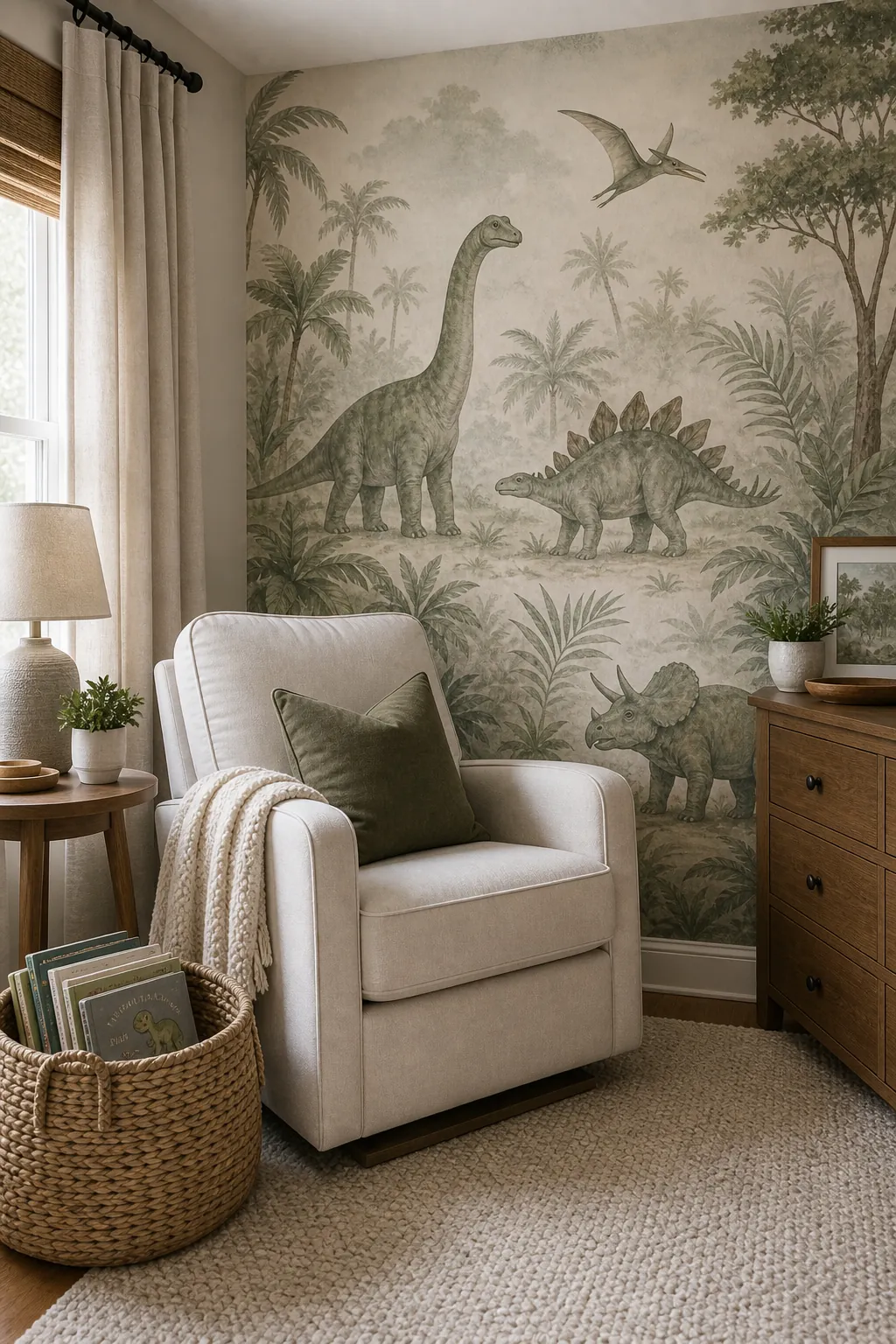 Dinosaur mural nursery reading corner with leafy wallpaper, a glider, and warm neutral decor
