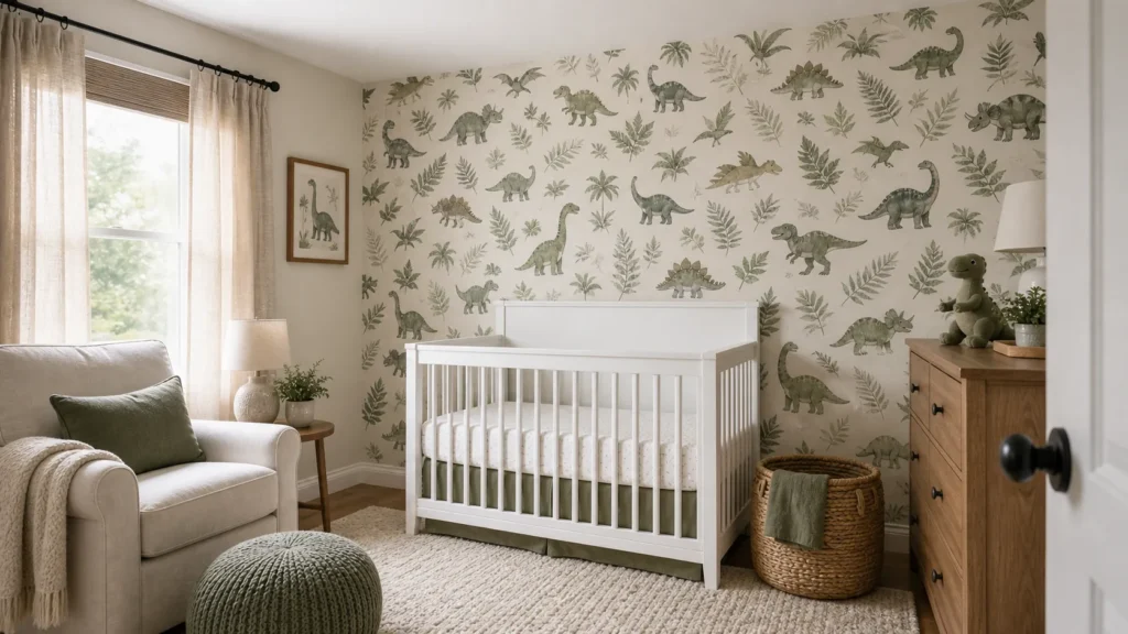 Dinosaur wallpaper nursery with a calm green accent wall, white crib, and natural wood furniture