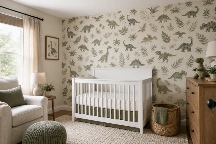 Dinosaur wallpaper nursery with a calm green accent wall, white crib, and natural wood furniture