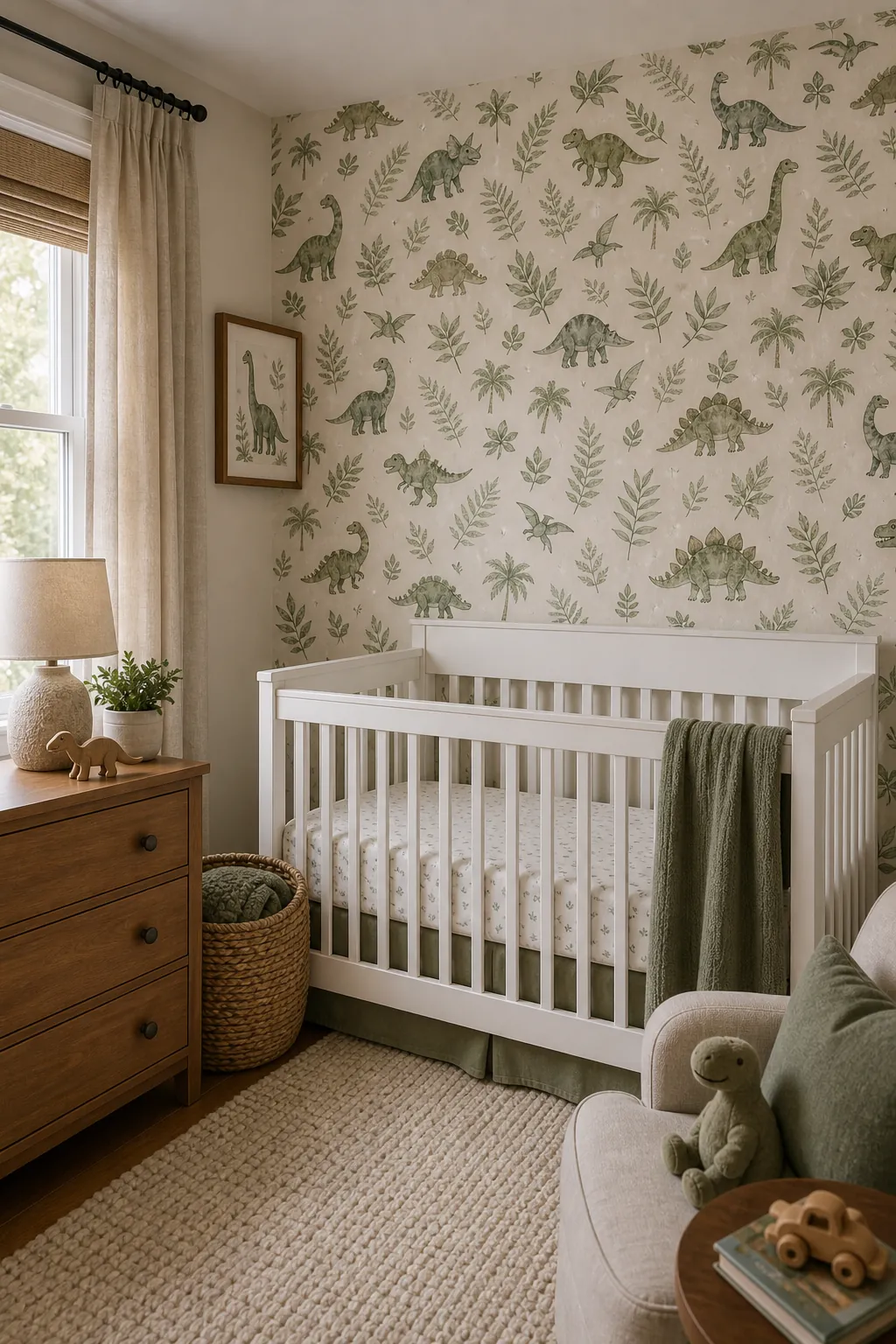 Green dinosaur wallpaper nursery with a calm crib, natural wood furniture, and soft leafy details