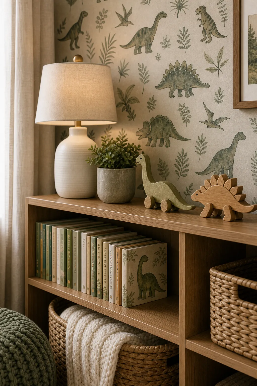 Dinosaur nursery shelf details with books, wooden dinos, woven baskets, and green wallpaper