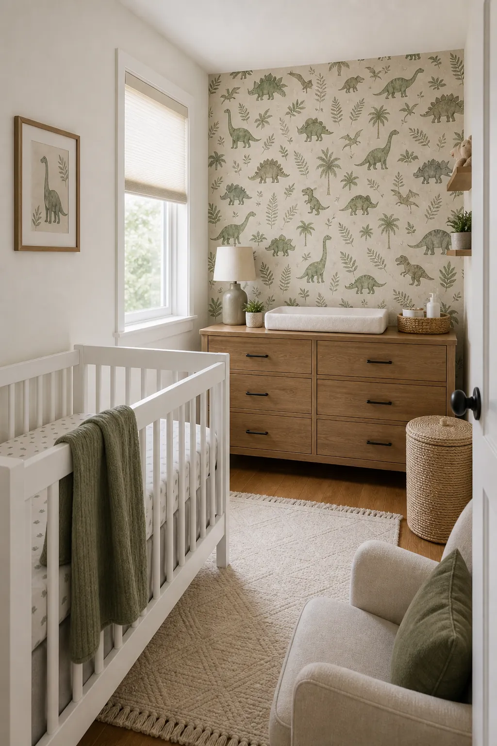 Small dinosaur wallpaper nursery layout with wallpaper behind the dresser and a clear crib area