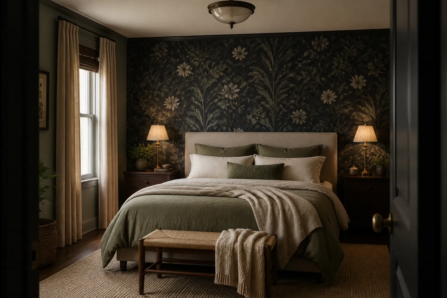 Dark botanical wallpaper bedroom with a headboard accent wall