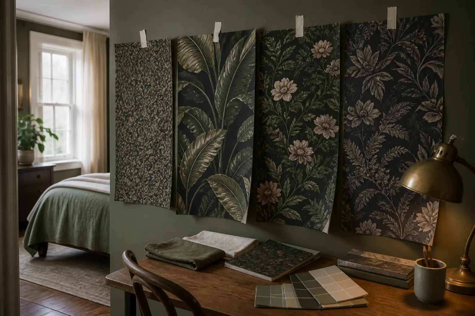 Wallpaper samples showing dark botanical pattern scale for a bedroom