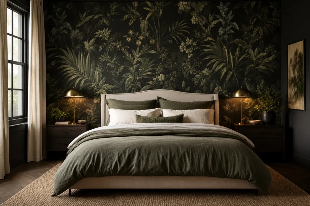 Dark botanical wallpaper bedroom with layered green bedding and warm lamp light
