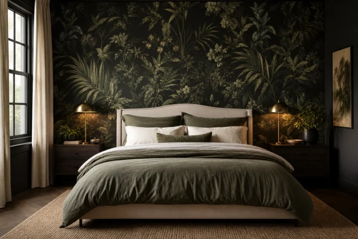 Dark botanical wallpaper bedroom with layered green bedding and warm lamp light