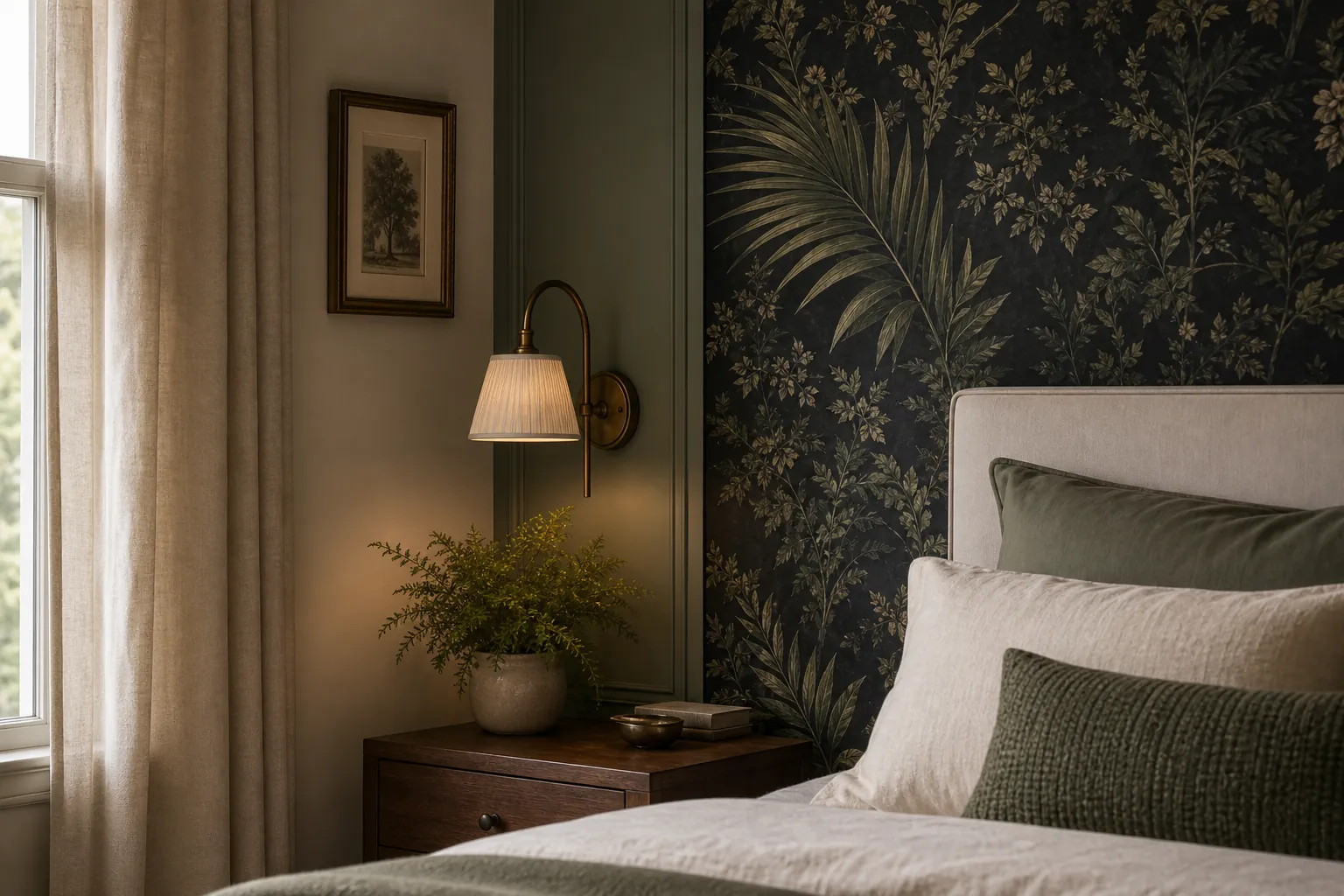 Dark green botanical wallpaper paired with muted green bedroom paint