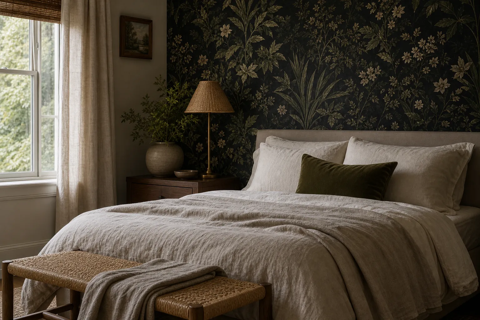 Calm neutral bedding in a dark botanical wallpaper bedroom