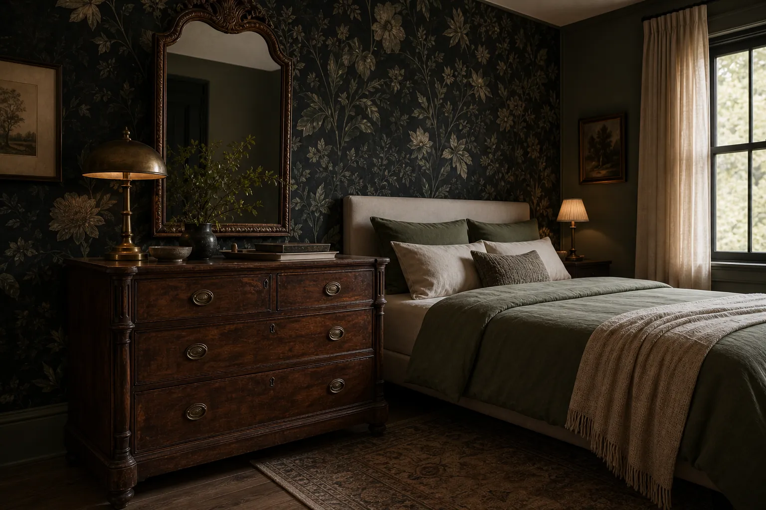 Moody vintage bedroom with dark botanical wallpaper and antique wood accents
