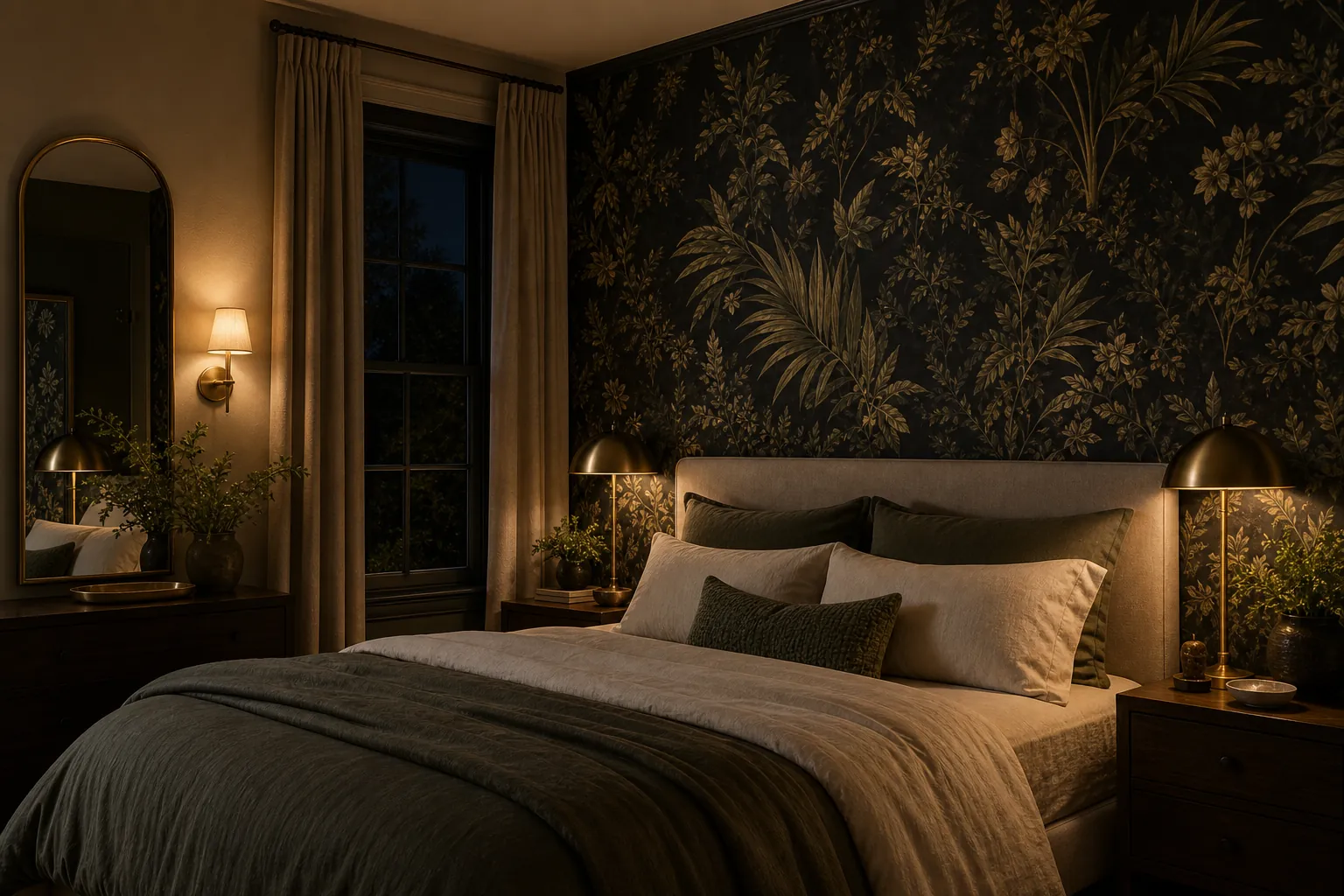 Layered warm lighting in a dark botanical wallpaper bedroom