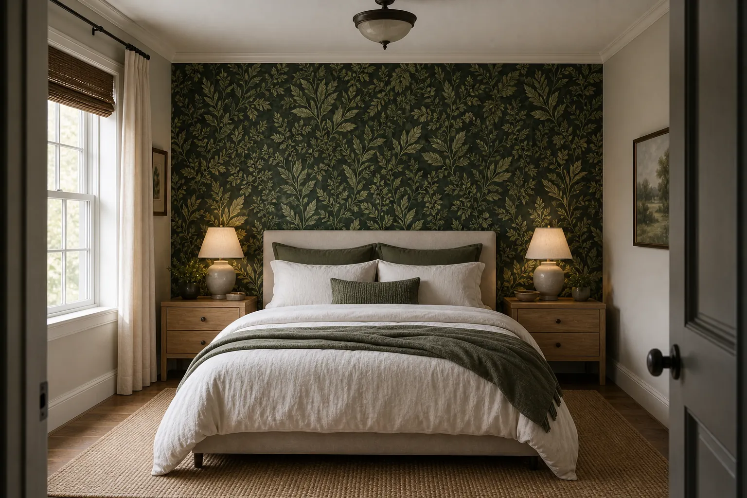 Leaf wallpaper bedroom with a green headboard feature wall