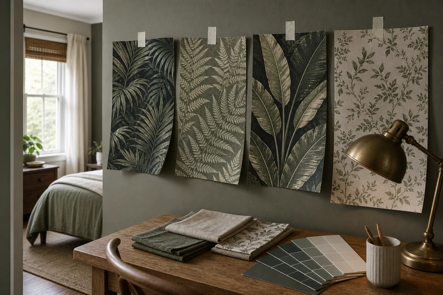 Tropical leaf wallpaper samples compared for a bedroom