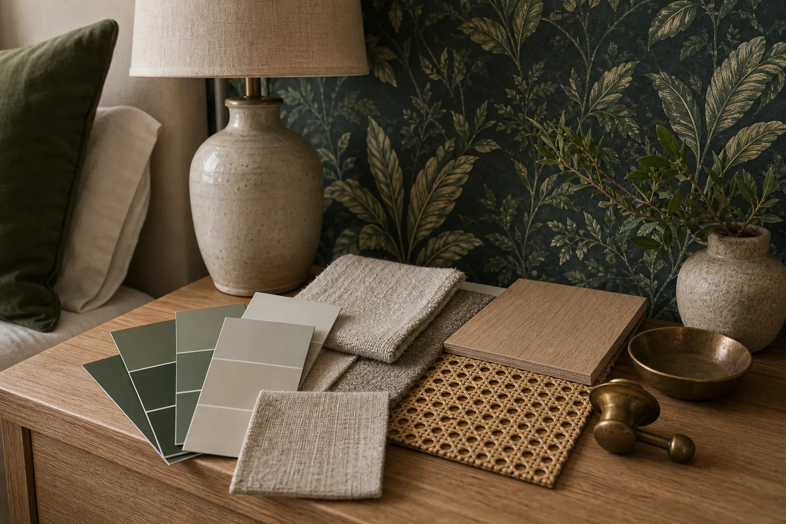 Green leaf wallpaper bedroom palette with paint and fabric samples