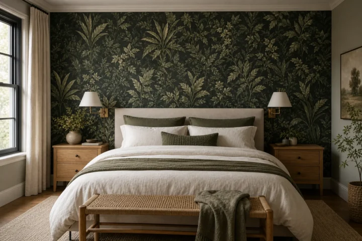 Leaf wallpaper bedroom with calm green bedding and natural textures