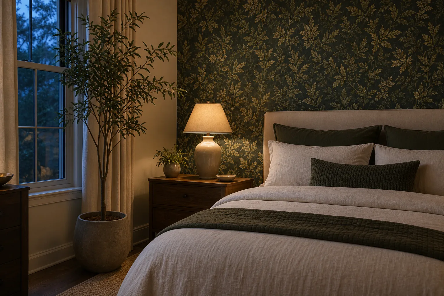 Leaf wallpaper bedroom with warm lighting and a few real plants