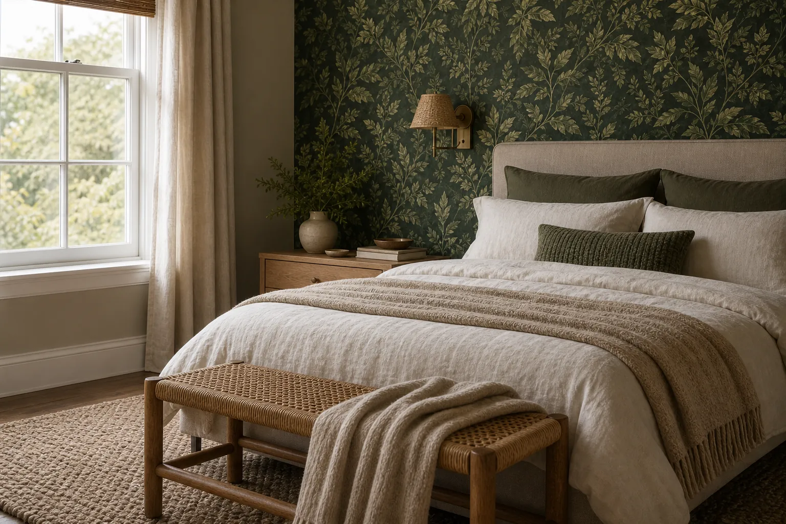 Natural textures styled with leaf wallpaper in a bedroom
