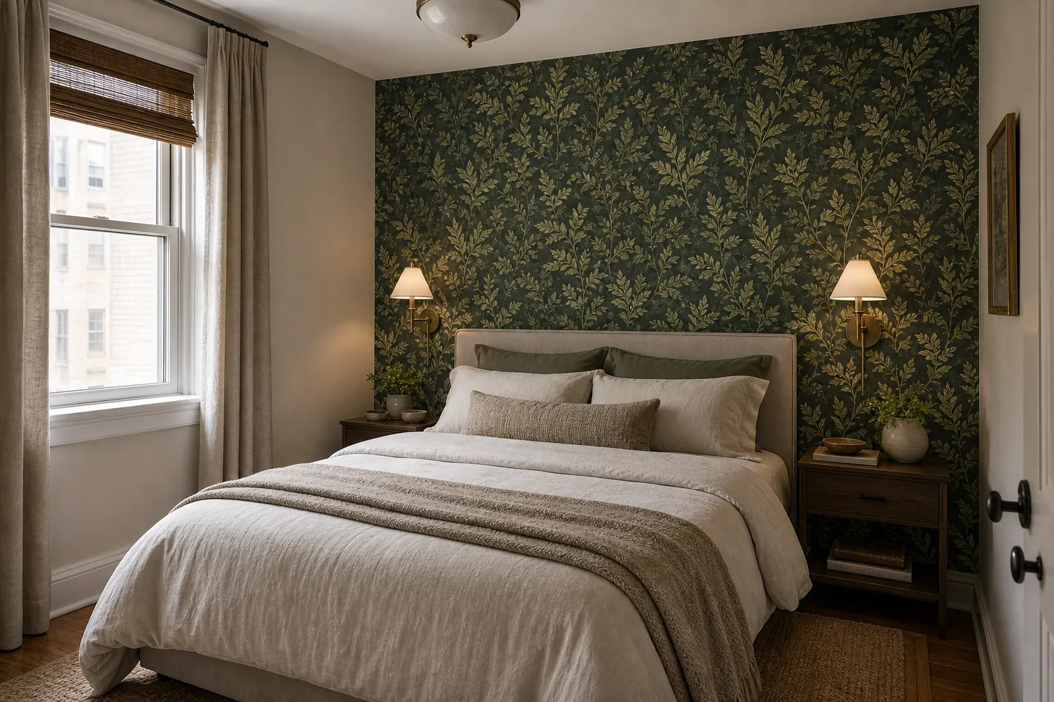 Small bedroom with green leaf wallpaper behind the bed