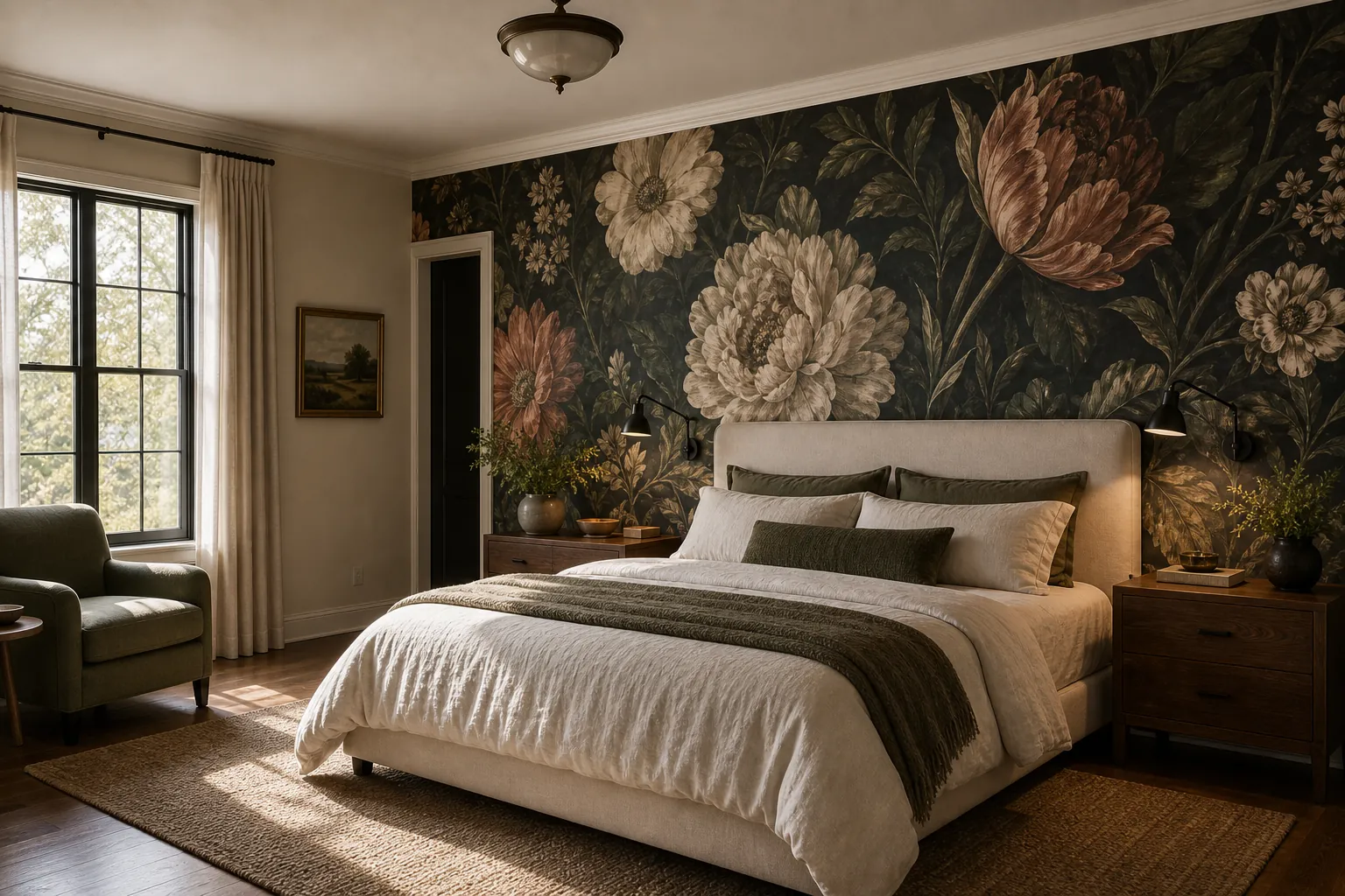 Big floral wallpaper used as a bedroom feature wall
