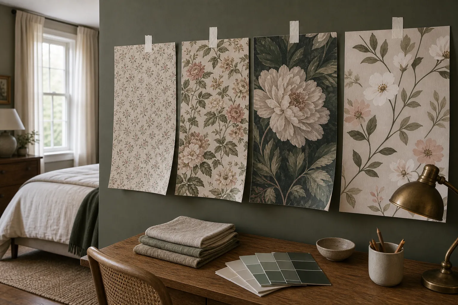 Floral wallpaper samples showing bedroom pattern scale