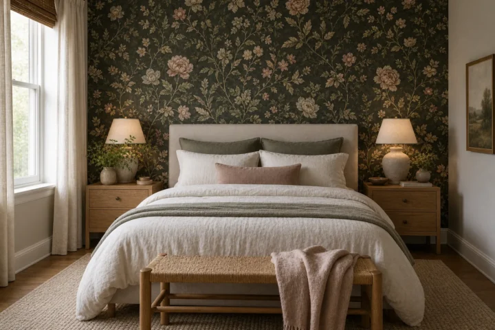 Floral wallpaper for bedroom with soft bedding and warm wood accents