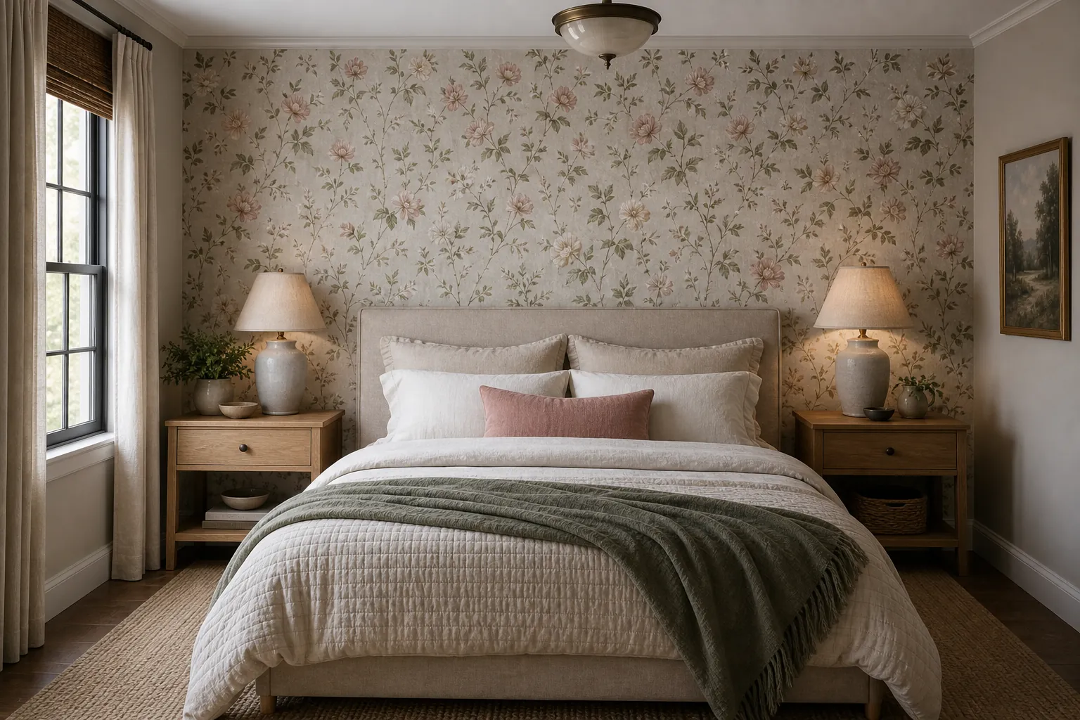 Soft floral wallpaper bedroom with calm neutral bedding