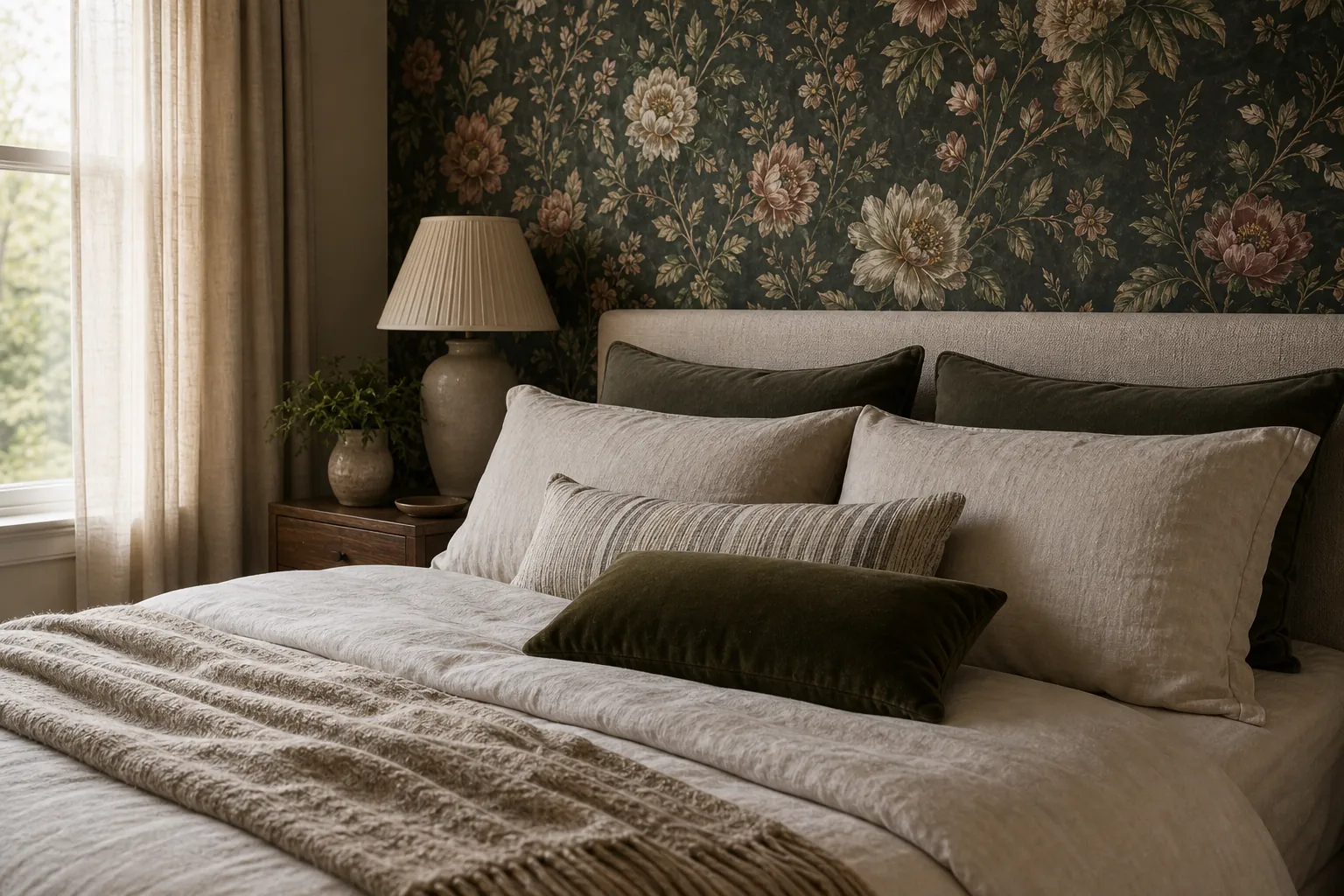 Bedding paired with floral wallpaper in a bedroom
