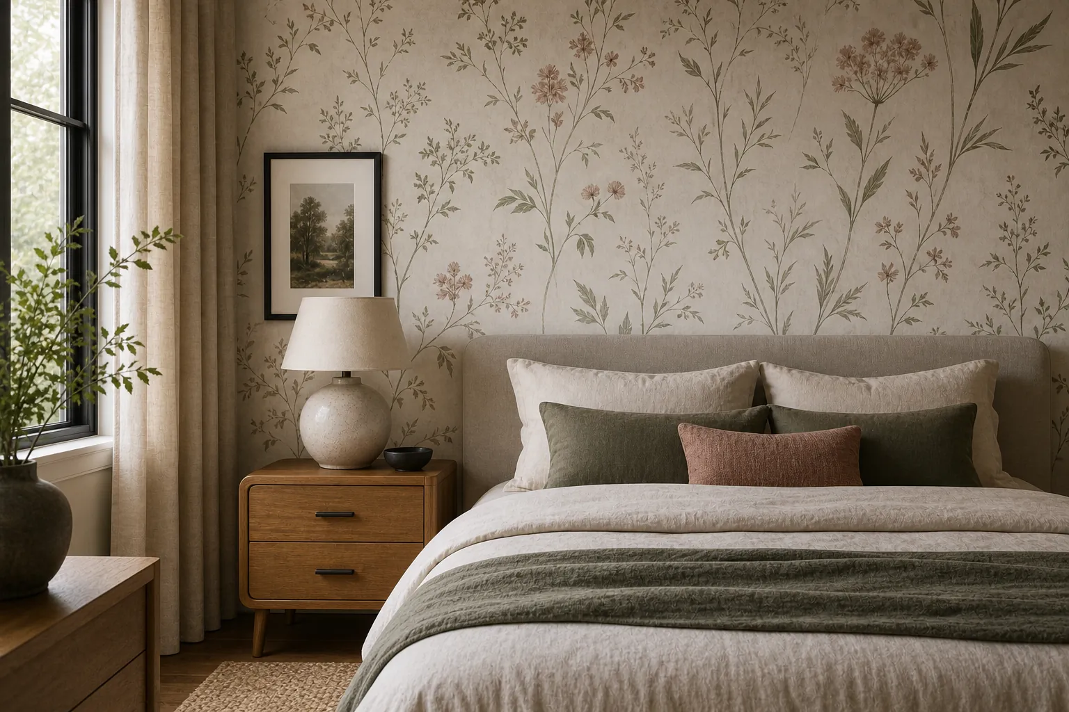 Modern floral wallpaper bedroom with warm wood and linen