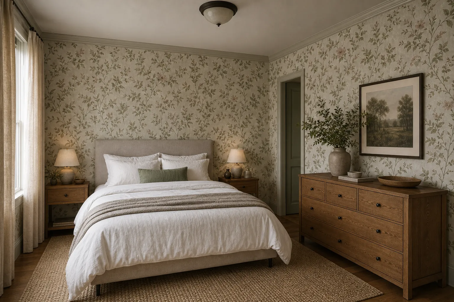 Bedroom with floral wallpaper wrapped around the room