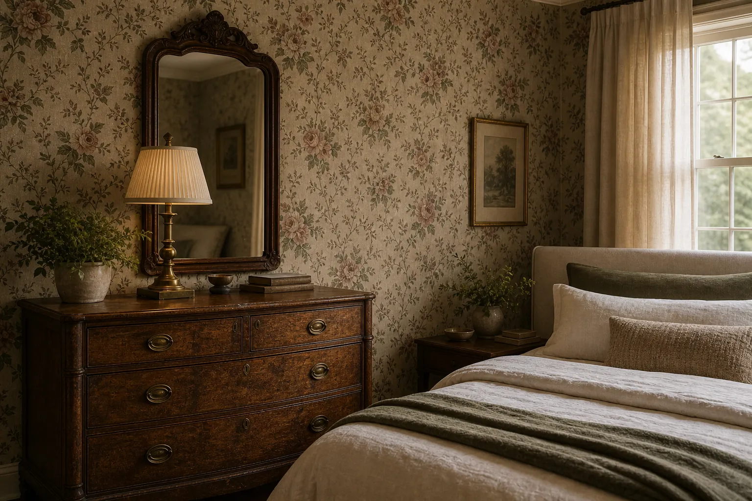 Antique dresser styled with vintage floral wallpaper in a bedroom