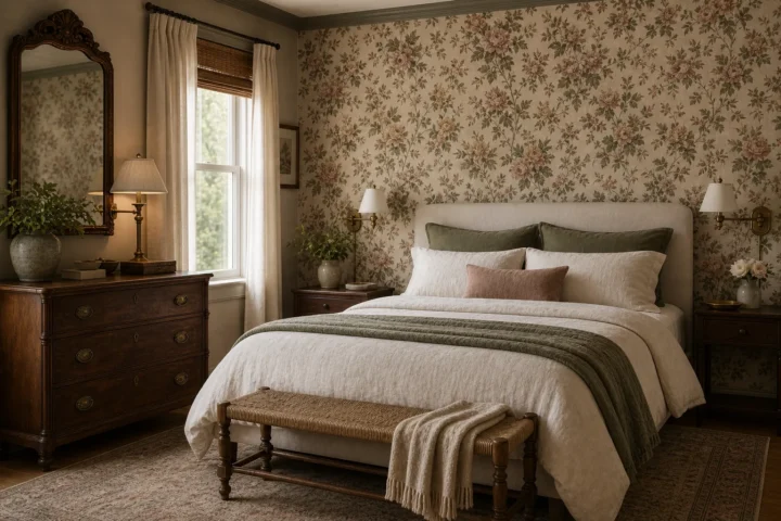 Vintage floral wallpaper bedroom with warm wood and soft linen bedding