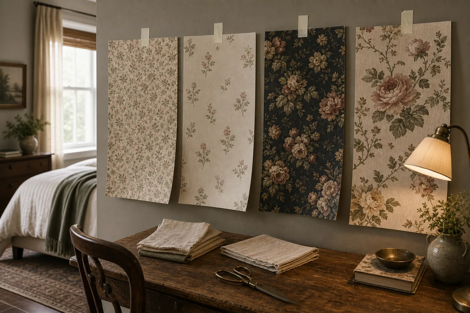 Vintage floral wallpaper samples for a bedroom