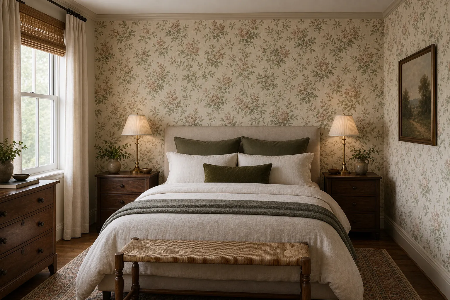 Soft vintage floral wallpaper bedroom with warm wood accents
