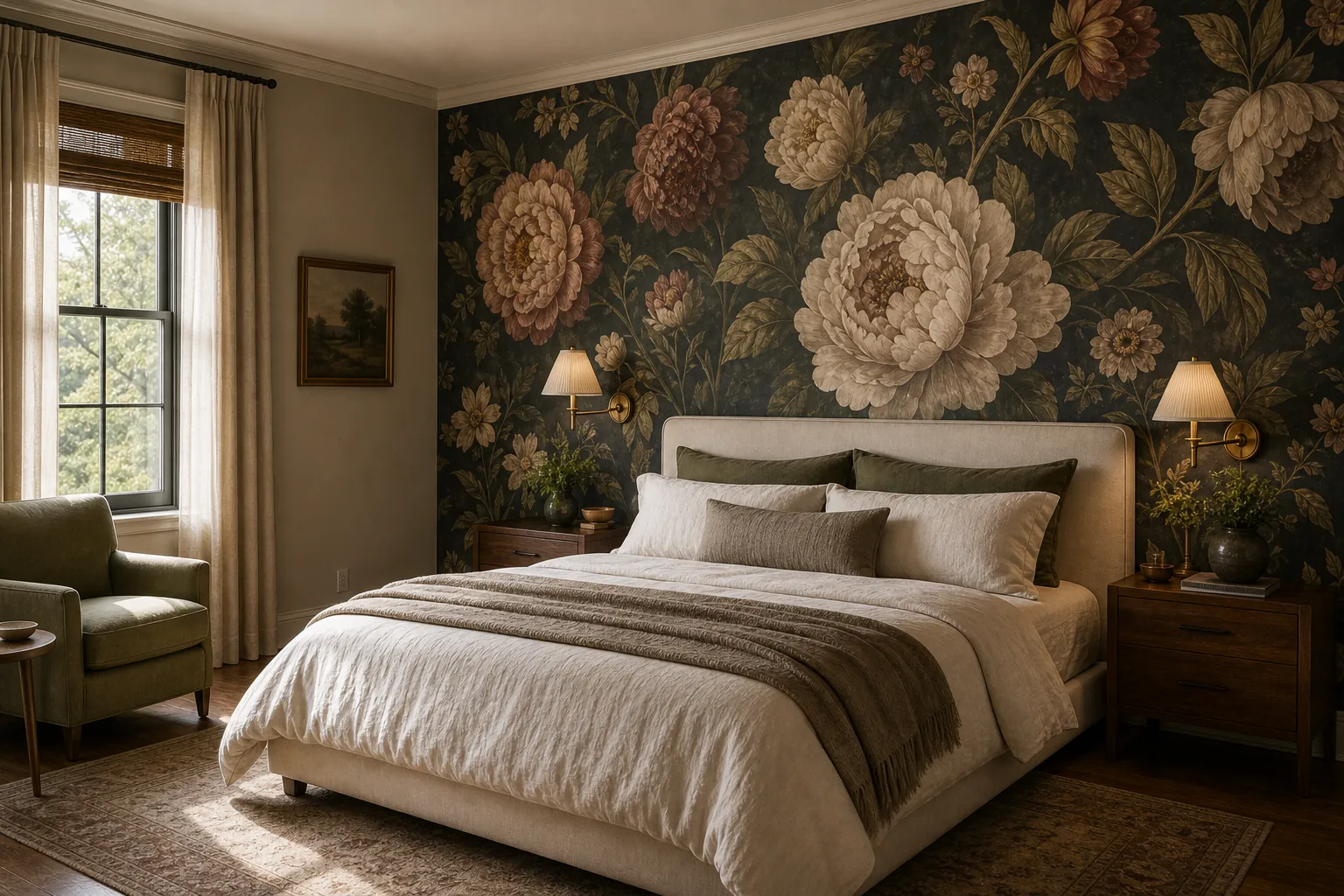 Large vintage floral wallpaper feature wall in a bedroom
