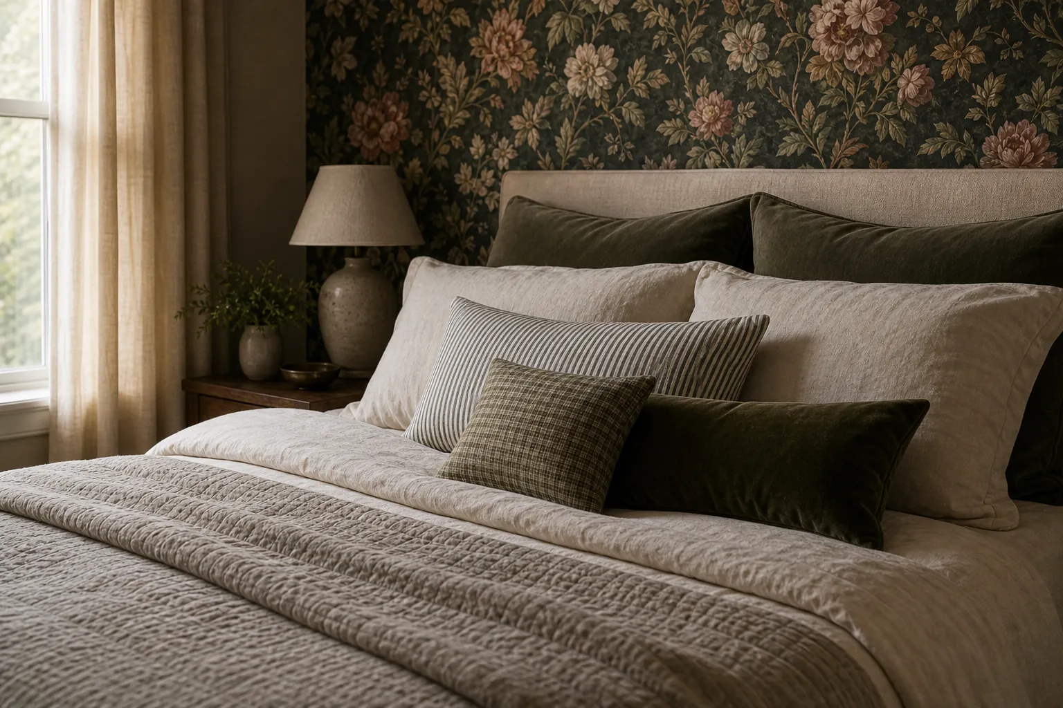 Bedding pattern mix with vintage floral wallpaper