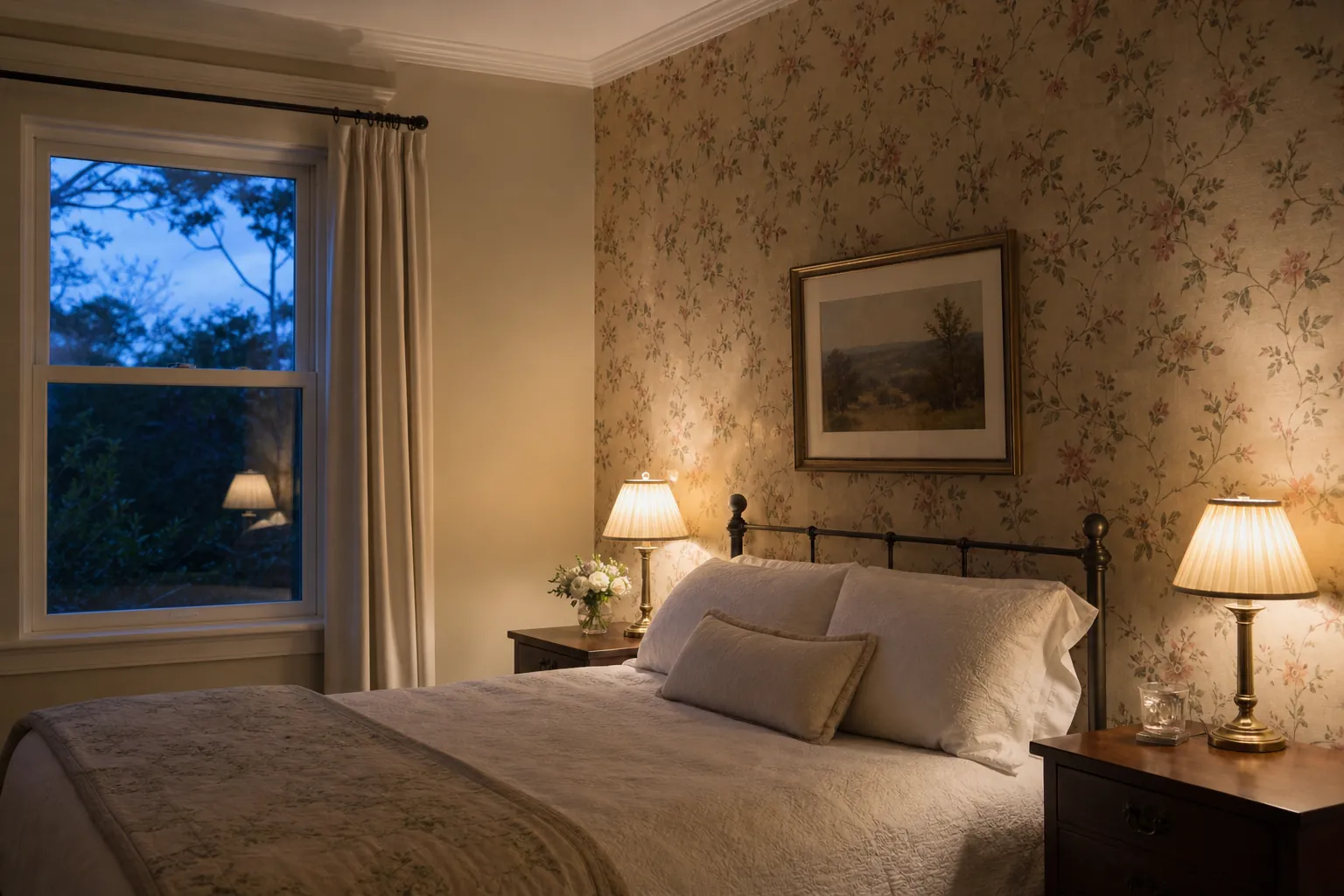 Vintage floral wallpaper bedroom with warm lamps and clean styling