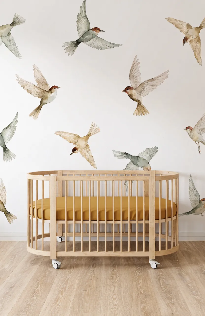 Minimalist nursery with an oval wooden crib and a dozen watercolor bird decals scattered across an off-white wall.