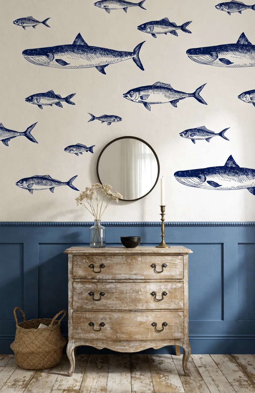 Cream white wall with blue fish illustrations above a dark blue wainscotted paneled wall and wooden dresser.